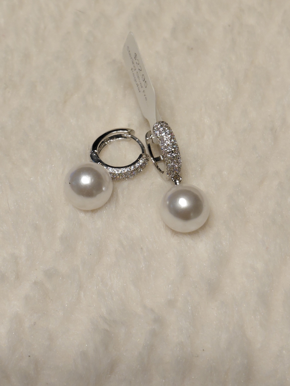 Sterling Silver Pearl Drop Hoop Earrings - White Pearls - Picture 2 of 3